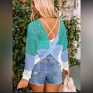 NEW•XL•Zen Lily Unique Crochet Color Blended Cross Back Sweater